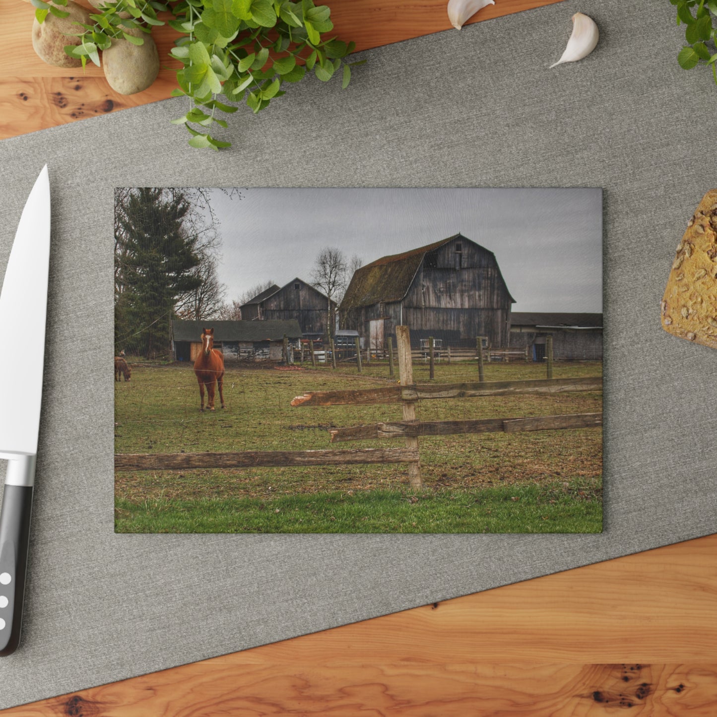U R There Photography South Summers Road Old Grey and Caramel II Rustic Farmhouse Tempered-Glass Cutting Board