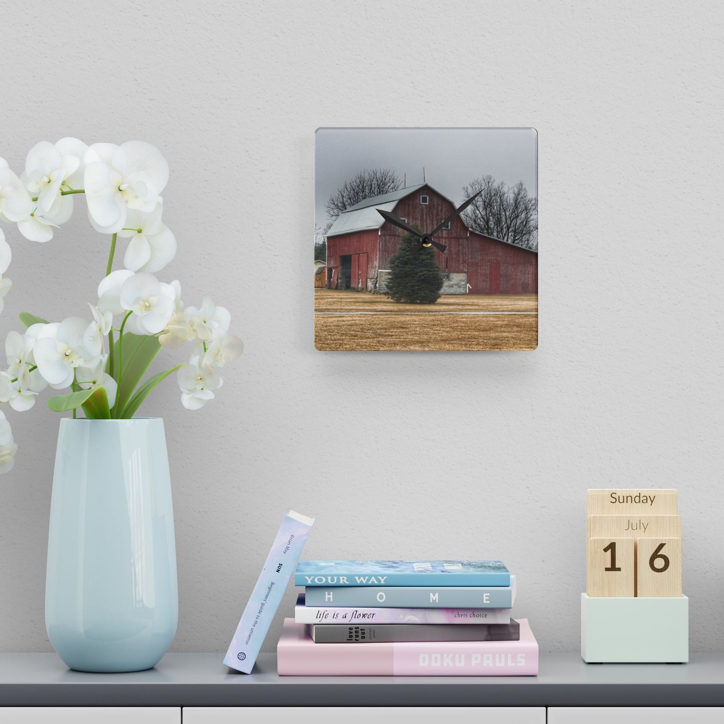 U R There Photography Daley Road Red I Rustic Farmhouse Acrylic Analog Wall Clock