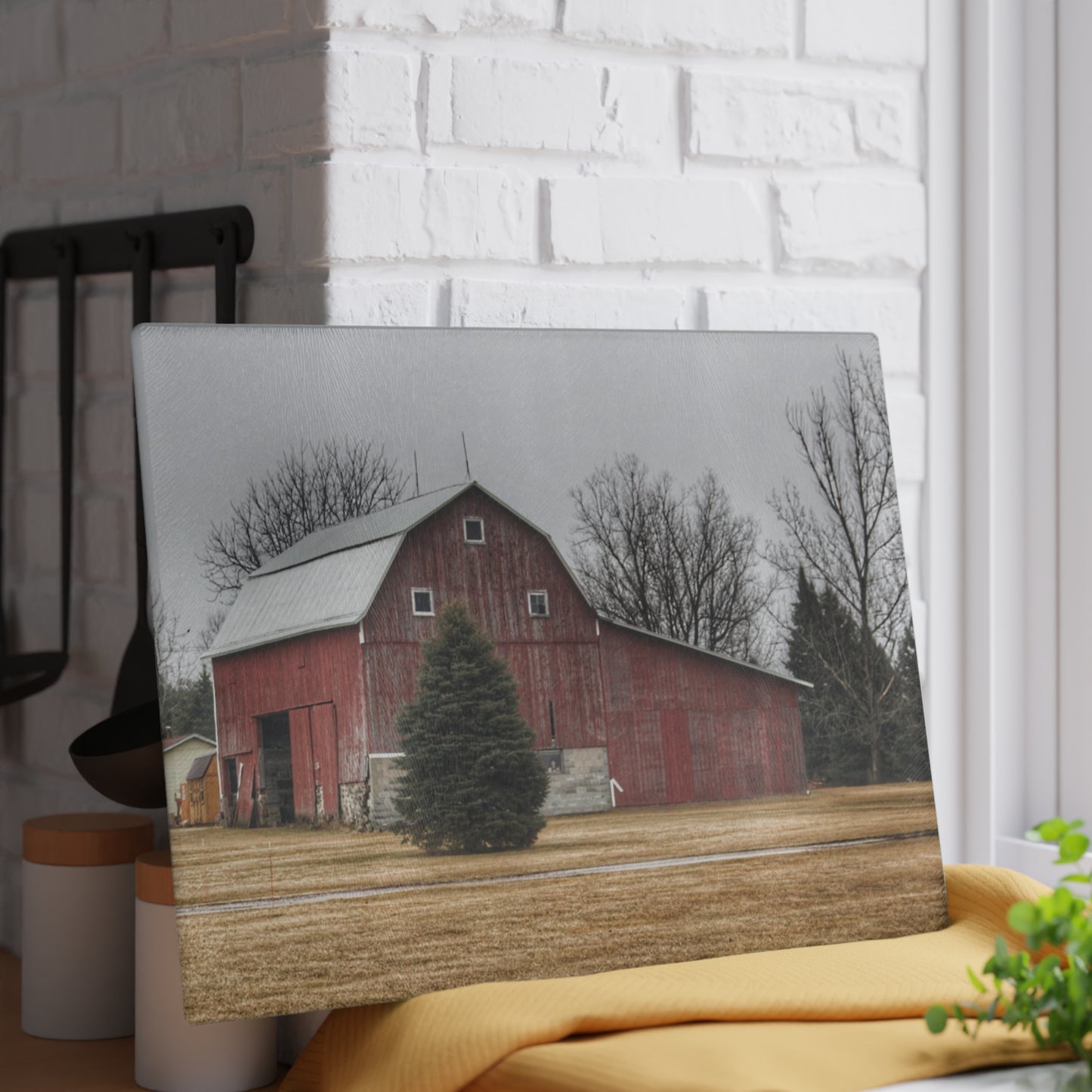U R There Photography Daley Road Red I Rustic Farmhouse Tempered-Glass Cutting Board