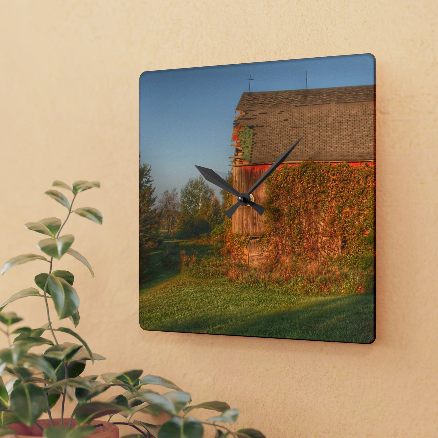 U R There Photography Bearanger Road Red Rustic Farmhouse Acrylic Analog Wall Clock