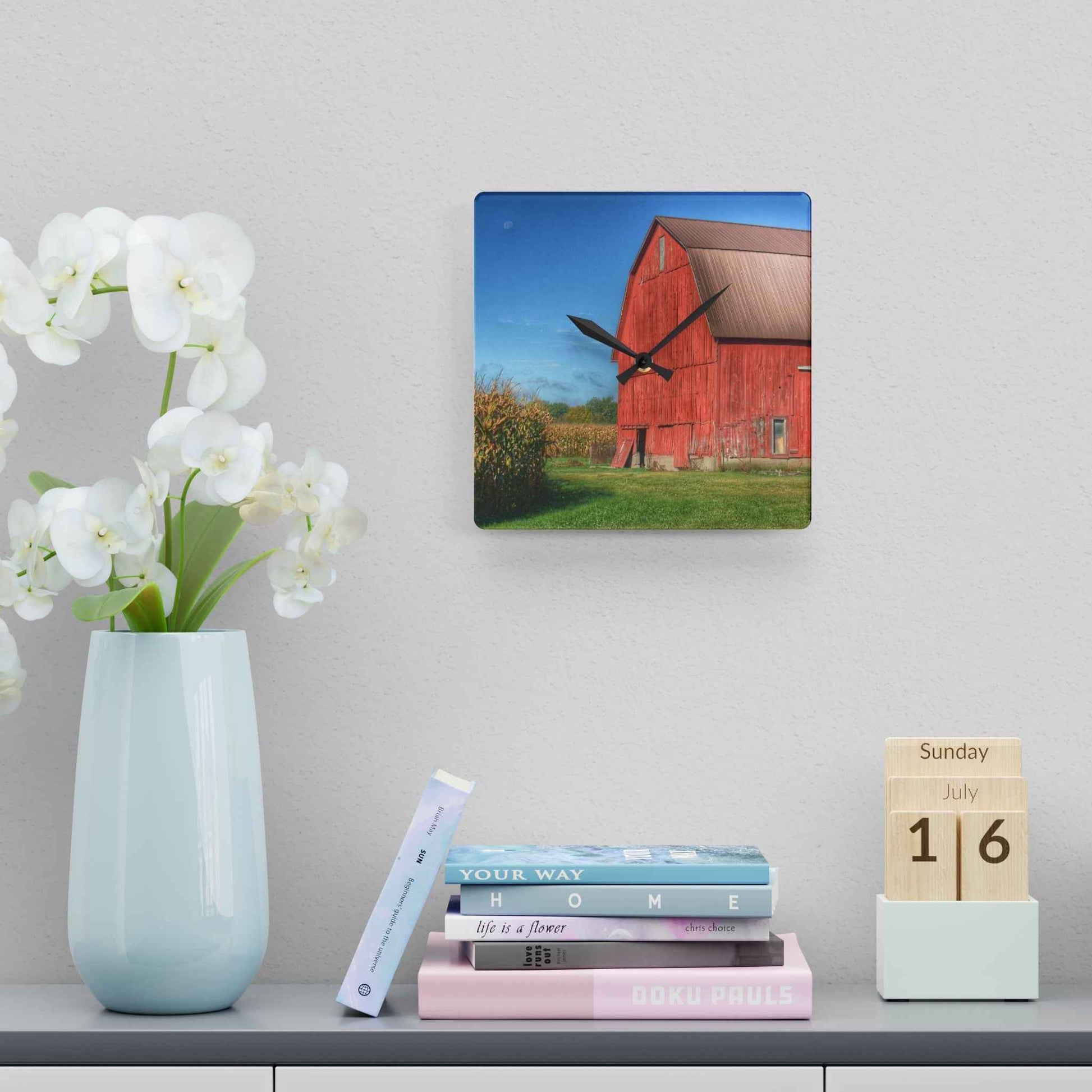 U R There Photography Fargo Road Red I Rustic Farmhouse Acrylic Analog Wall Clock