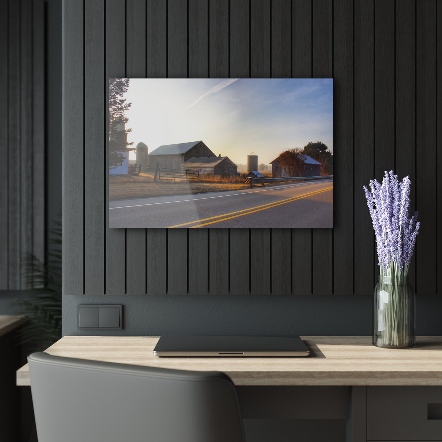 U R There Photography Wilder Road Foggy Morning Greys Rustic Farmhouse Acrylic Wall Print
