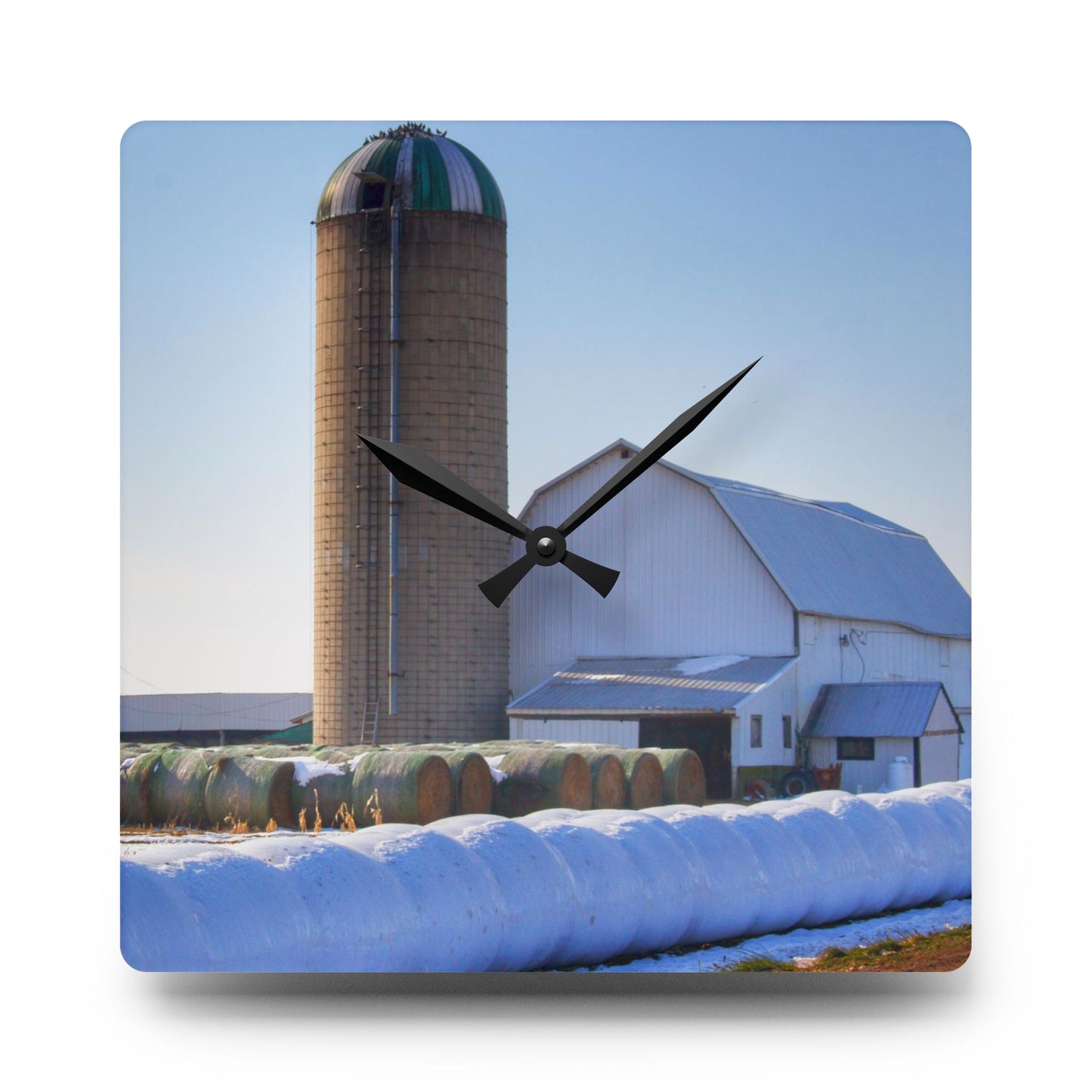 U R There Photography Bowers Road White in Winter Rustic Farmhouse Acrylic Analog Wall Clock