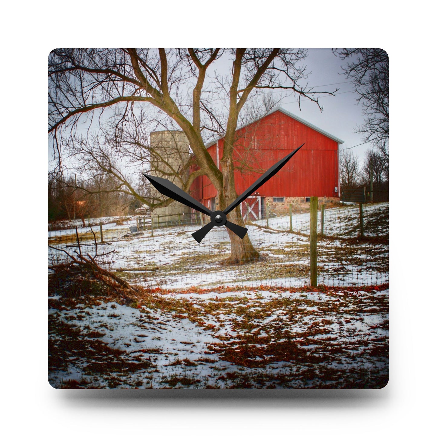 U R There Photography LeValley Road Red and Silo Rustic Farmhouse Acrylic Analog Wall Clock
