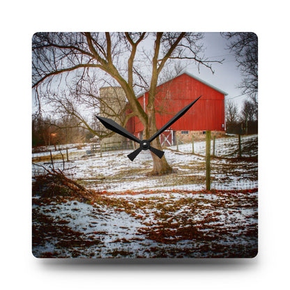 U R There Photography LeValley Road Red and Silo Rustic Farmhouse Acrylic Analog Wall Clock