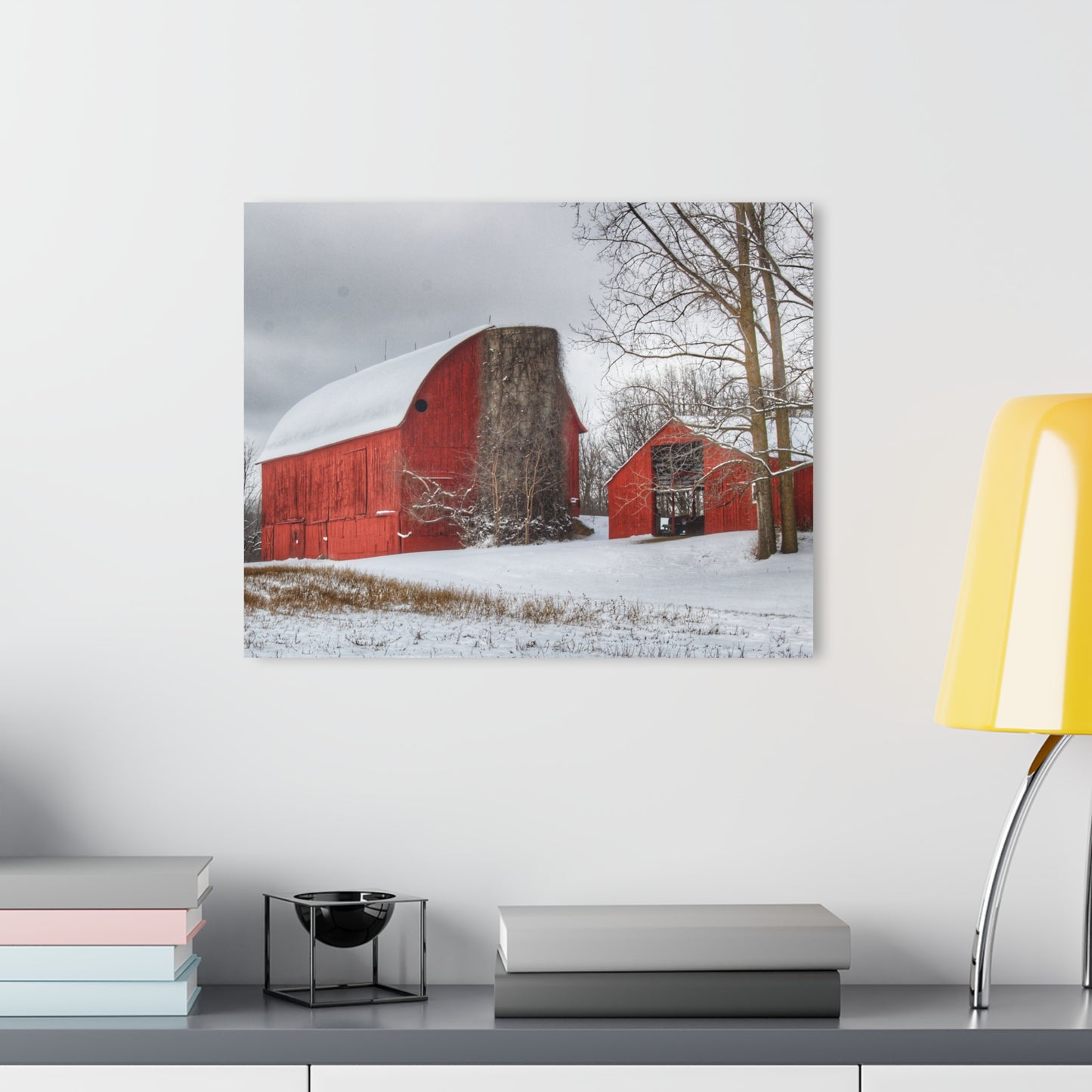 U R There Photography Catlin Reds in Winter I Rustic Farmhouse Acrylic Wall Print