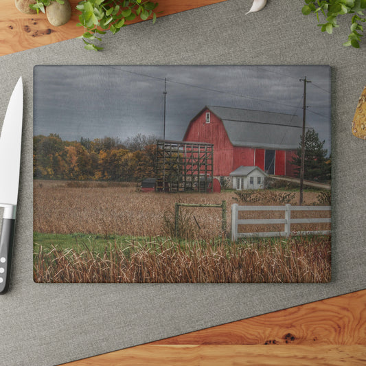 U R There Photography Barnes Road Red in Fall Rustic Farmhouse Tempered-Glass Cutting Board