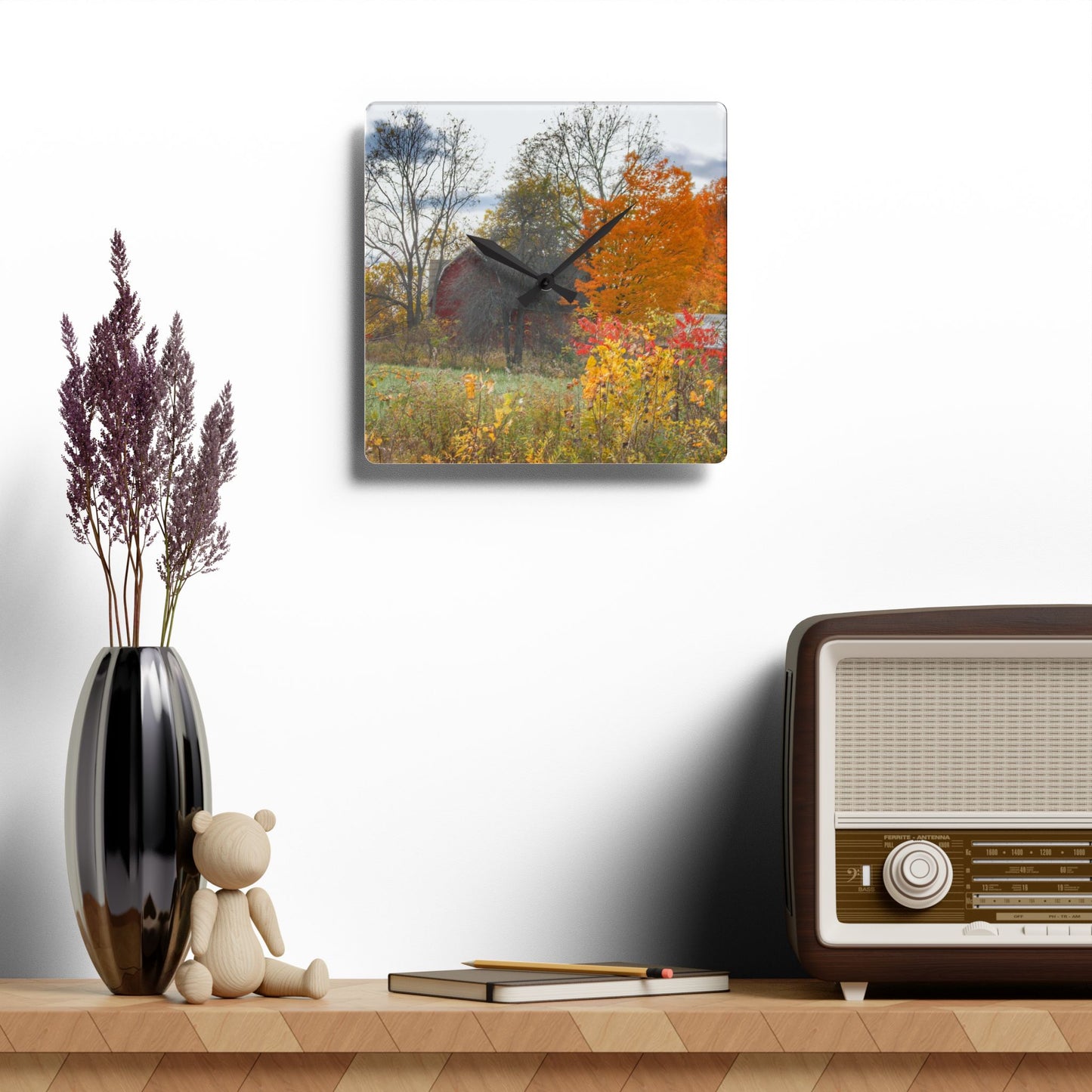 U R There Photography Bowers Hidden Red Rustic Farmhouse Acrylic Analog Wall Clock