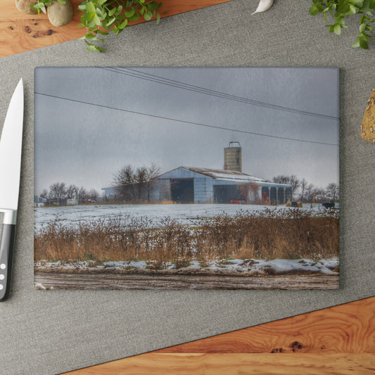 U R There Photography Noble Road Blue Cow Barn Rustic Farmhouse Tempered-Glass Cutting Board