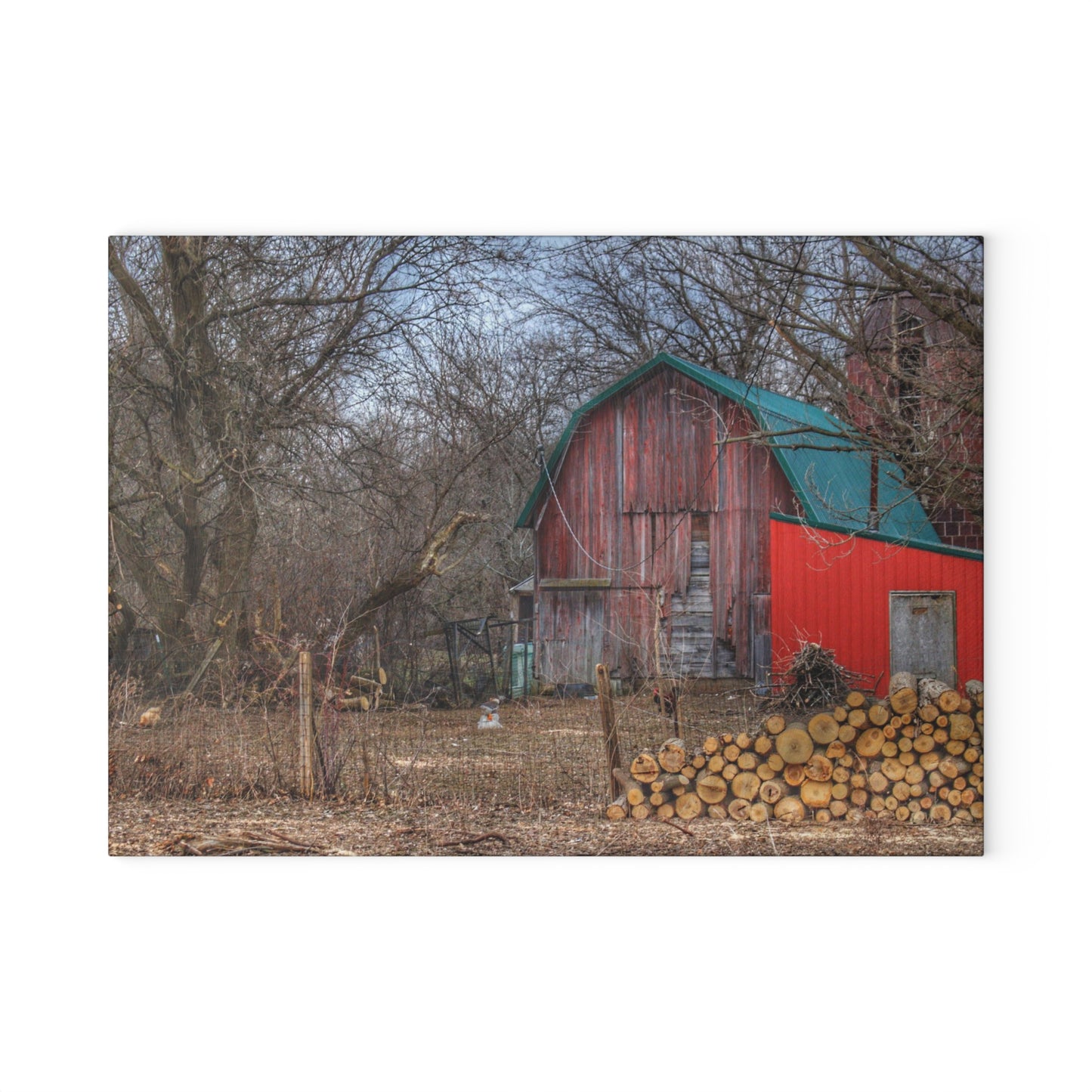 U R There Photography Bray Road Hidden Barnyard Red II Rustic Farmhouse Tempered-Glass Cutting Board
