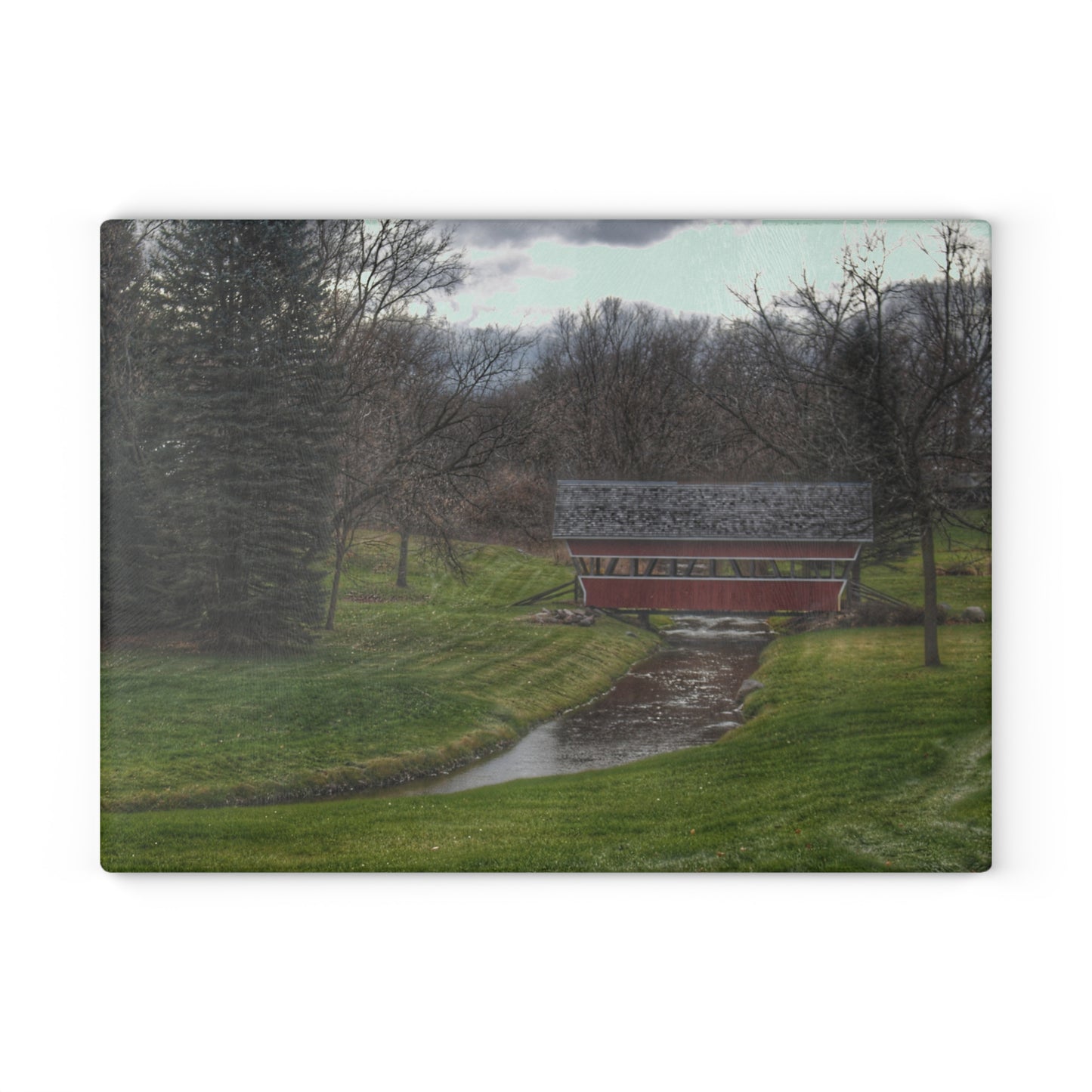 U R There Photography Hadley Covered Bridge III Rustic Farmhouse Tempered-Glass Cutting Board