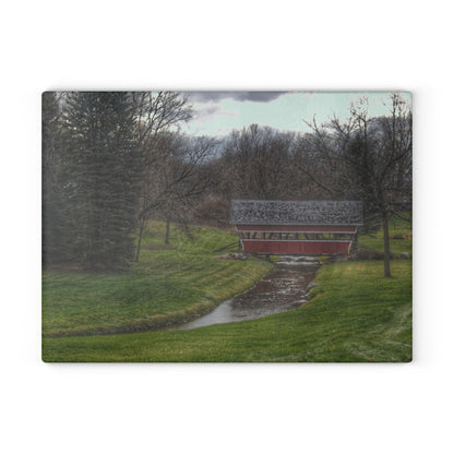 U R There Photography Hadley Covered Bridge III Rustic Farmhouse Tempered-Glass Cutting Board