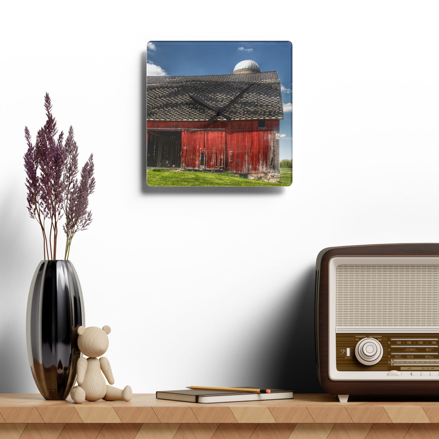 U R There Photography Hollenbeck Road Red III Rustic Farmhouse Acrylic Analog Wall Clock
