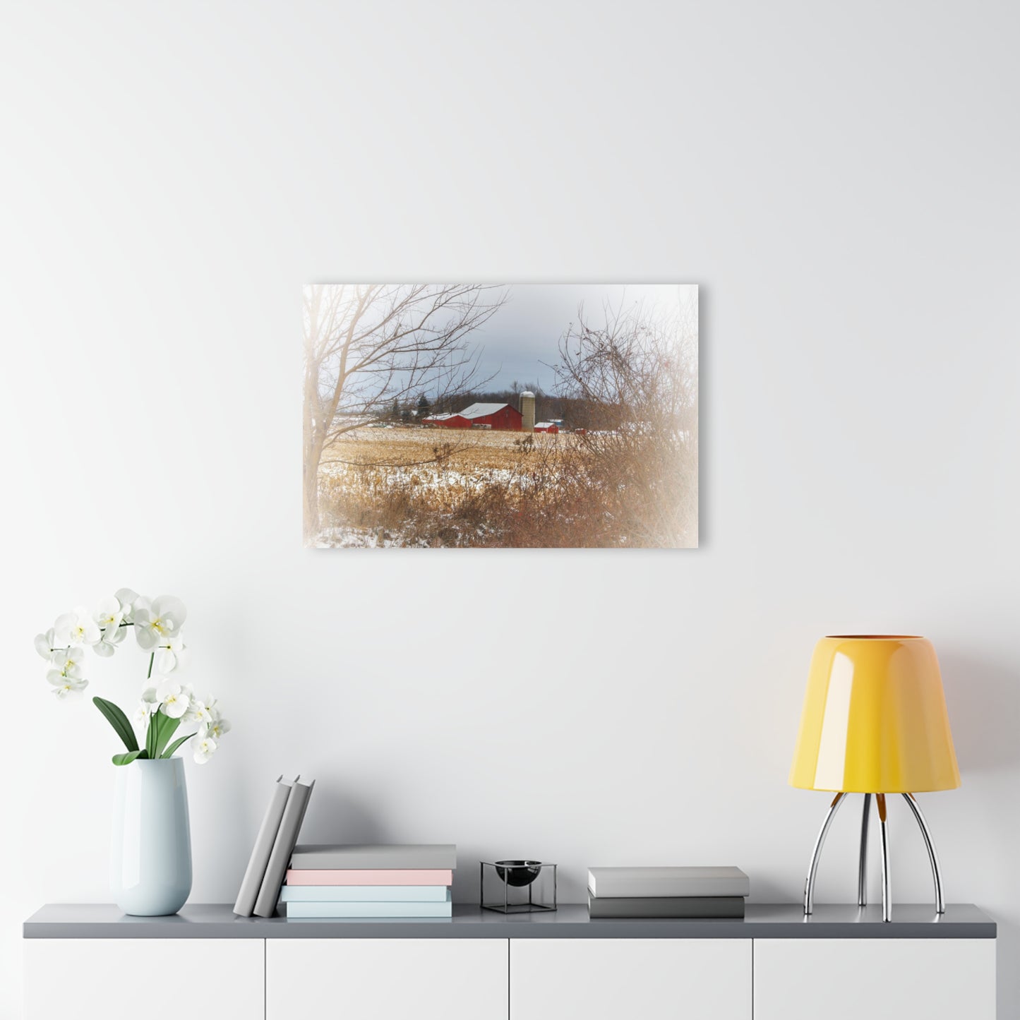 U R There Photography Brook Road Red in Winter Rustic Farmhouse Acrylic Wall Print