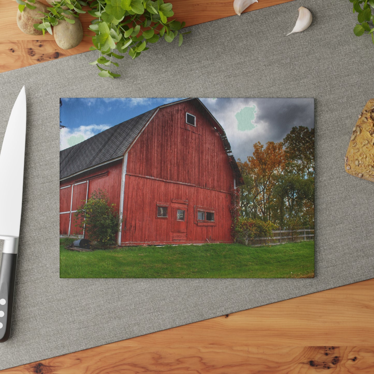 U R There Photography Hegel Road Old Red II Rustic Farmhouse Tempered-Glass Cutting Board