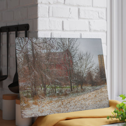 U R There Photography Hough Road Hidden Winter Red II Rustic Farmhouse Tempered-Glass Cutting Board