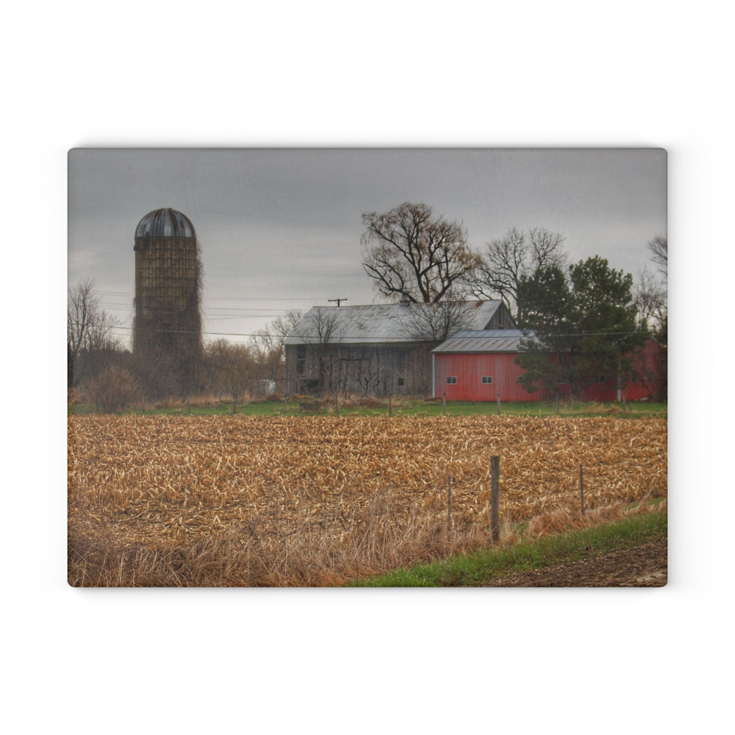 U R There Photography Dryden Road Gable Grey and Silo Rustic Farmhouse Tempered-Glass Cutting Board