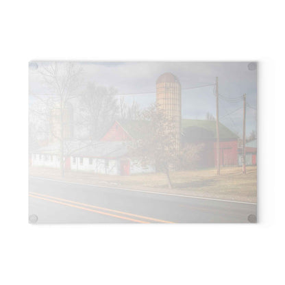 U R There Photography Newark Road Red and Silos III Rustic Farmhouse Tempered-Glass Cutting Board 8"x 11"