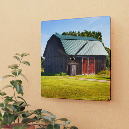 U R There Photography Red Door Barn of Mount Morris Road Rustic Farmhouse Acrylic Analog Wall Clock