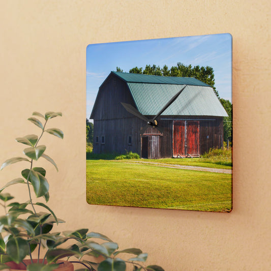 U R There Photography Red Door Barn of Mount Morris Road Rustic Farmhouse Acrylic Analog Wall Clock