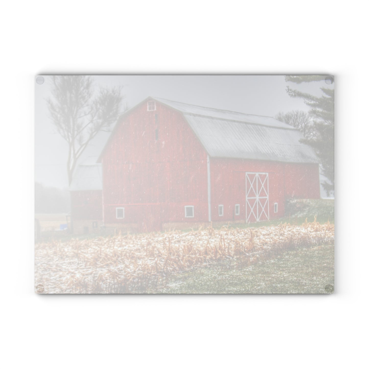 U R There Photography Shoemaker Road Winter Reds I Rustic Farmhouse Tempered-Glass Cutting Board
