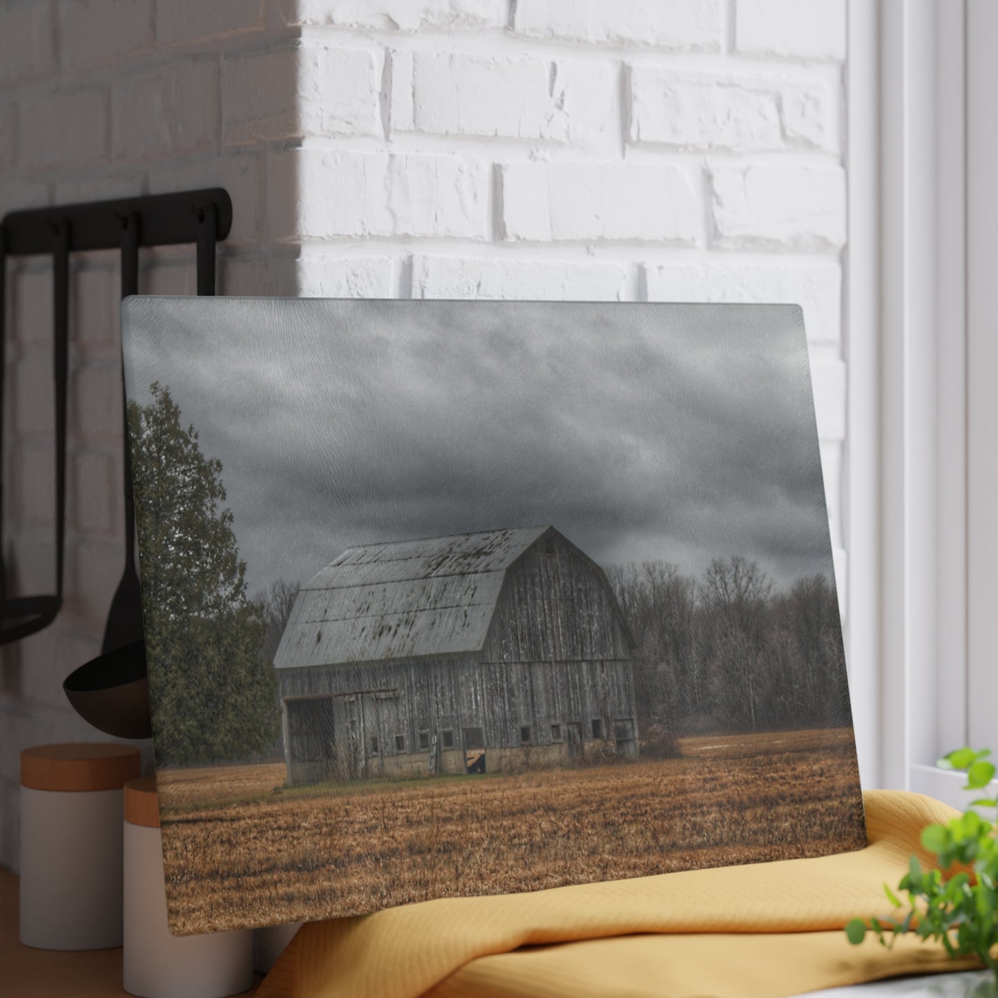 U R There Photography Grey Barn and Tree Rustic Farmhouse Tempered-Glass Cutting Board