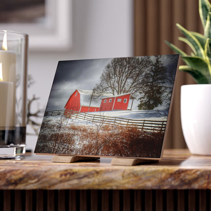 U R There Photography Catlin Red and Fence I Rustic Farmhouse Decorative Ceramic Tile