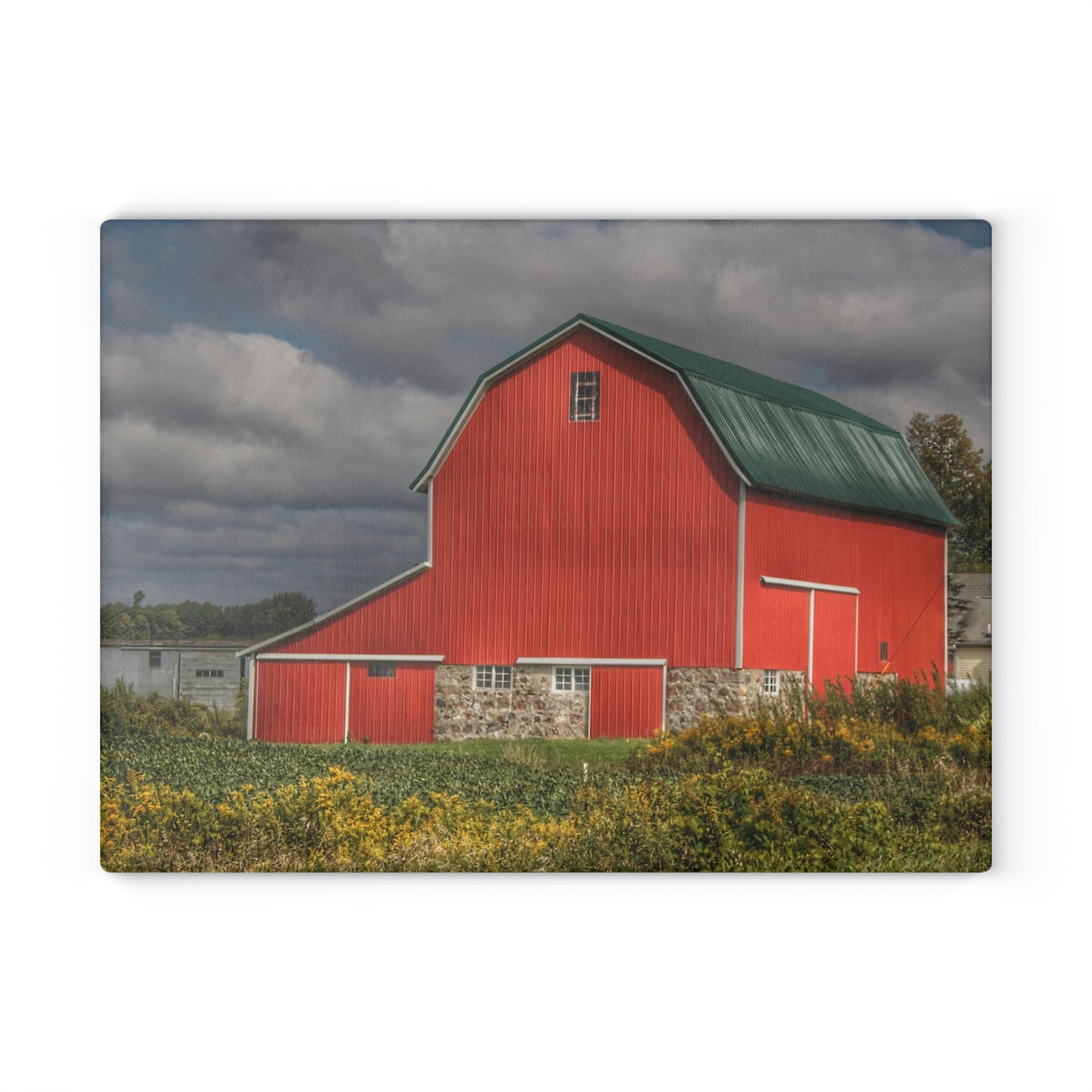 U R There Photography Valentine Road Fieldstone Red Rustic Farmhouse Tempered-Glass Cutting Board