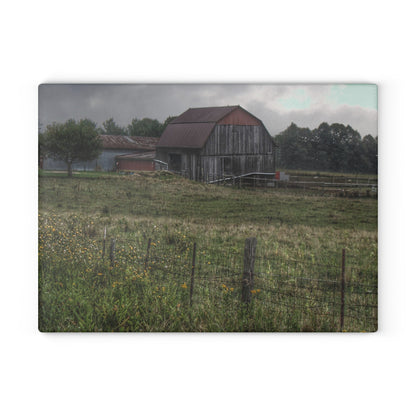 U R There Photography Newark Road Tilted Grey I Rustic Farmhouse Tempered-Glass Cutting Board