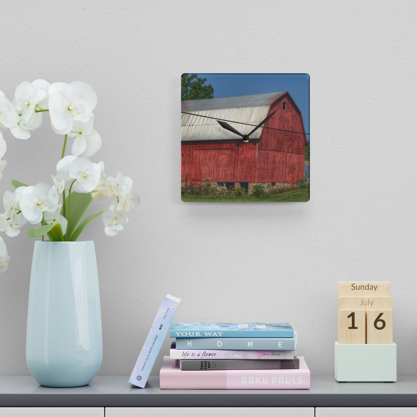 U R There Photography Belsay Road Red Rustic Farmhouse Acrylic Analog Wall Clock