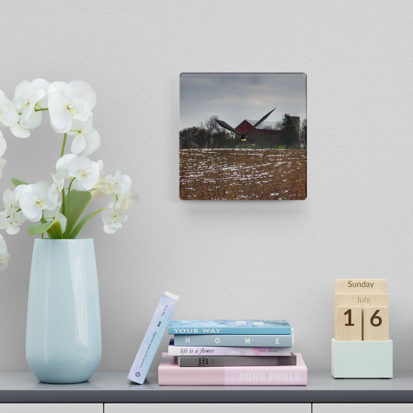 U R There Photography Brook Road Red Rustic Farmhouse Acrylic Analog Wall Clock