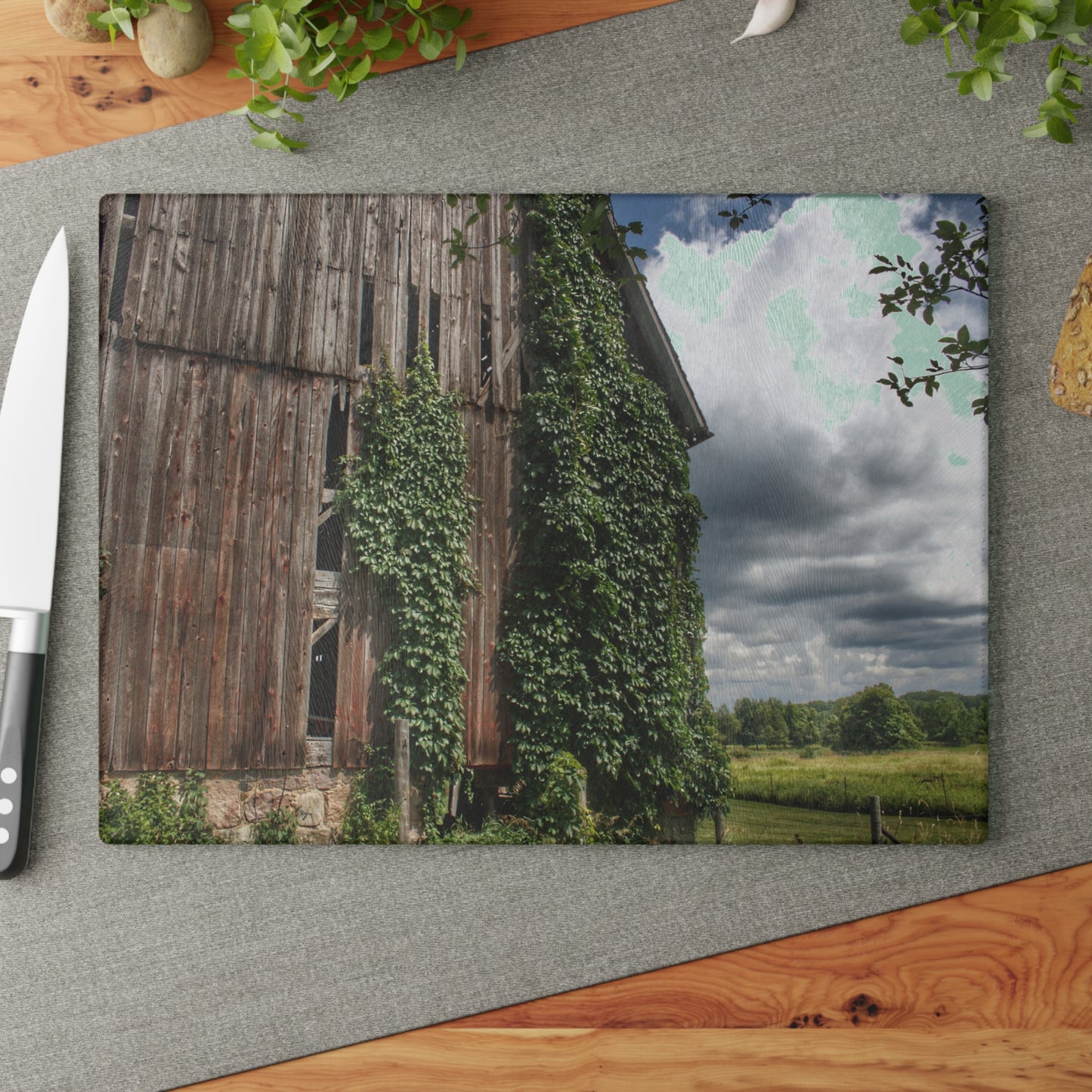 U R There Photography North Branch Ivy Grey II Rustic Farmhouse Tempered-Glass Cutting Board