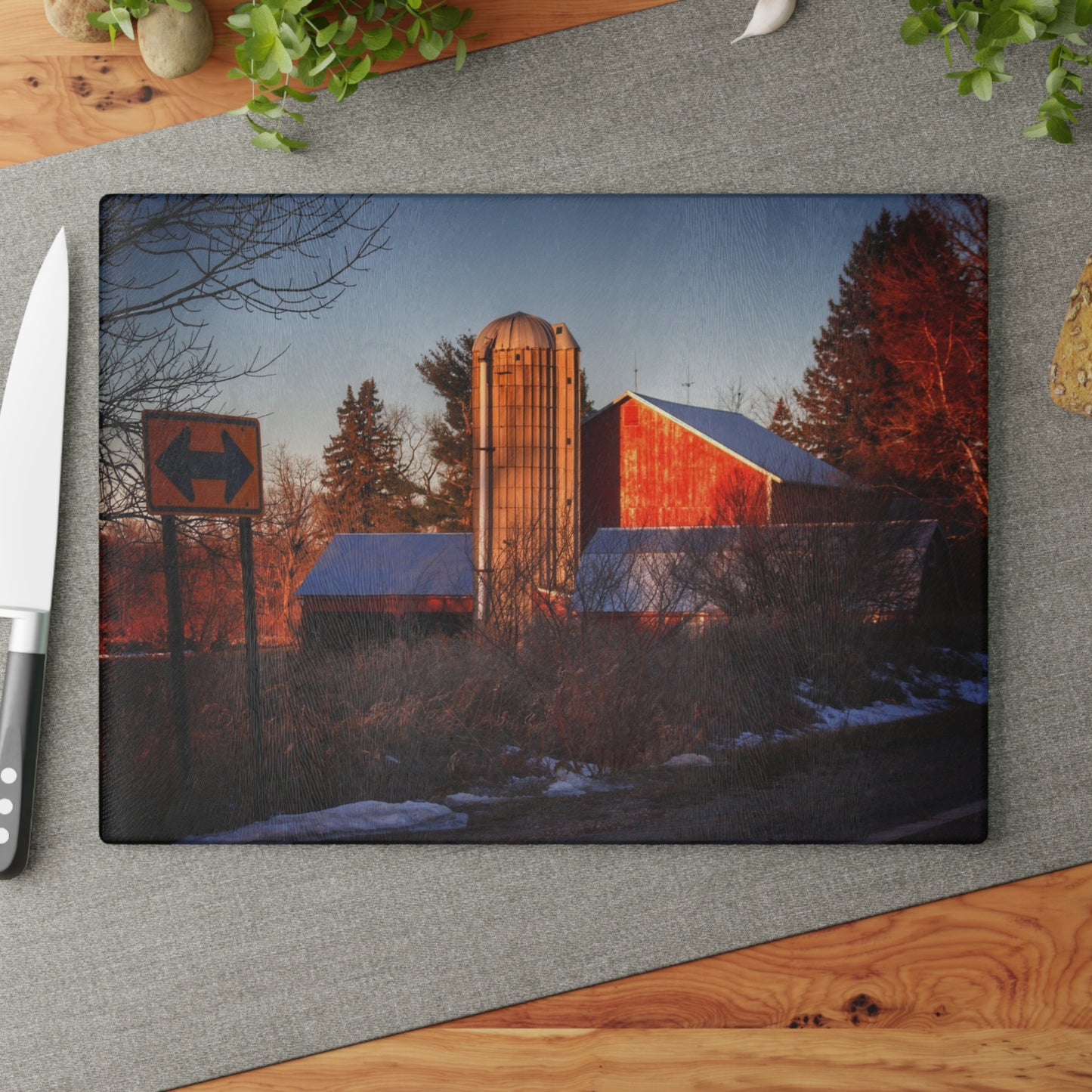 U R There Photography Mount Morris Road Reds and Silo in Winter Rustic Farmhouse Tempered-Glass Cutting Board