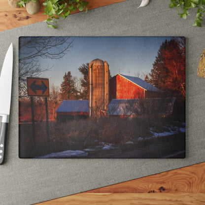 U R There Photography Mount Morris Road Reds and Silo in Winter Rustic Farmhouse Tempered-Glass Cutting Board