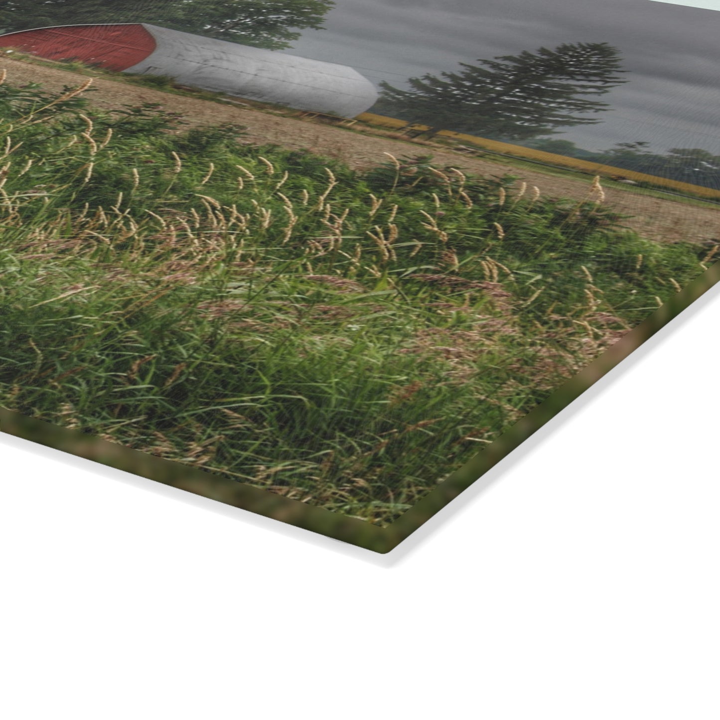 U R There Photography Mayville Road Red Quonset Rustic Farmhouse Tempered-Glass Cutting Board