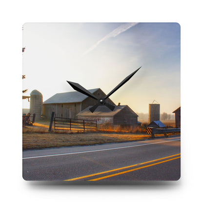 U R There Photography Wilder Road Foggy Morning Greys Rustic Farmhouse Acrylic Analog Wall Clock