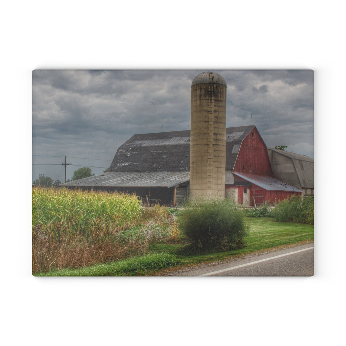 U R There Photography Lake Pleasant Road Red and Silo II Rustic Farmhouse Tempered-Glass Cutting Board