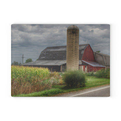 U R There Photography Lake Pleasant Road Red and Silo II Rustic Farmhouse Tempered-Glass Cutting Board