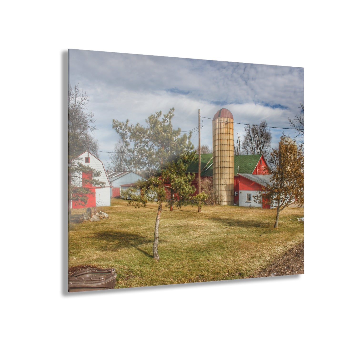 U R There Photography Newark Road Red and Silos I Rustic Farmhouse Acrylic Wall Print