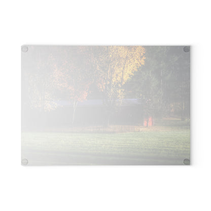 U R There Photography Red Barn on Foggy Fall Morning Rustic Farmhouse Tempered-Glass Cutting Board