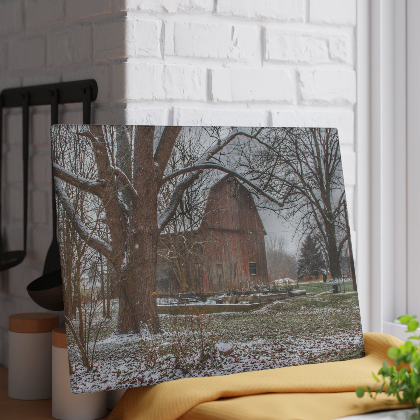 U R There Photography Bishop Road Winter Red Rustic Farmhouse Tempered-Glass Cutting Board