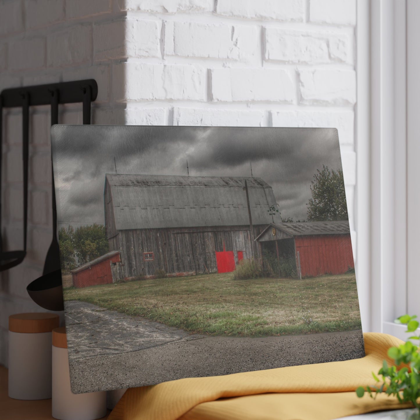 U R There Photography Wadsworth Road Grey Saltbox Rustic Farmhouse Tempered-Glass Cutting Board