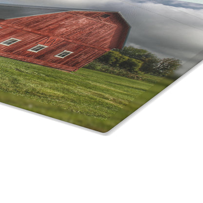 U R There Photography Hollow Corners Red and Silo Rustic Farmhouse Tempered-Glass Cutting Board