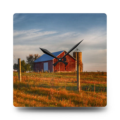 U R There Photography Lake Pleasant Road Little Red and Silo I Rustic Farmhouse Acrylic Analog Wall Clock