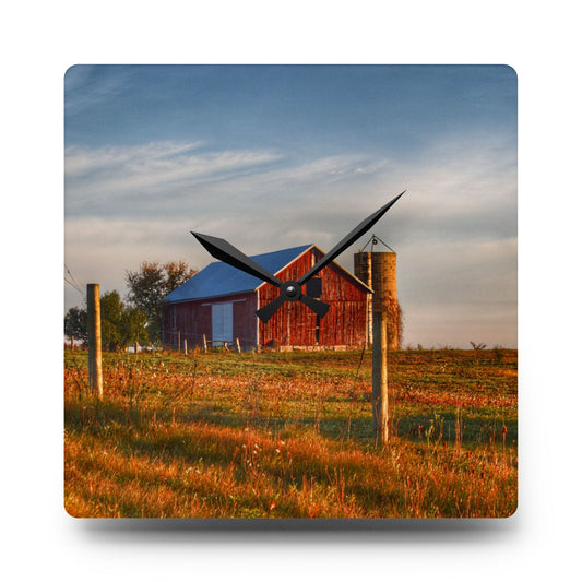 Lake Pleasant Road Little Red and Silo I Rustic Farmhouse Acrylic Analog Wall Clock 10.75'' × 10.75'' (Square)
