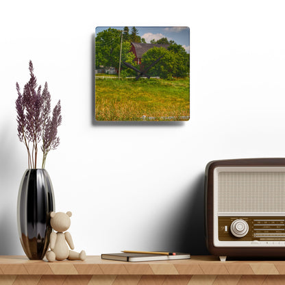 U R There Photography Hidden Red Beyond the Fence Rustic Farmhouse Acrylic Analog Wall Clock