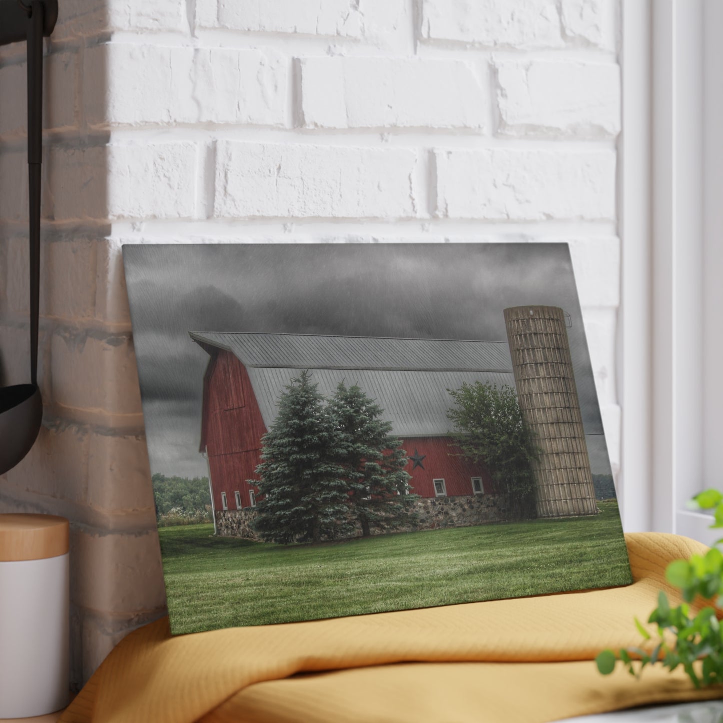U R There Photography Clifford Road Red and Silo I Rustic Farmhouse Tempered-Glass Cutting Board