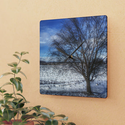 U R There Photography Winter Farm Willow Tree Rustic Farmhouse Acrylic Analog Wall Clock