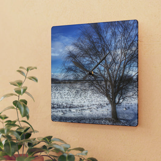 U R There Photography Winter Farm Willow Tree Rustic Farmhouse Acrylic Analog Wall Clock
