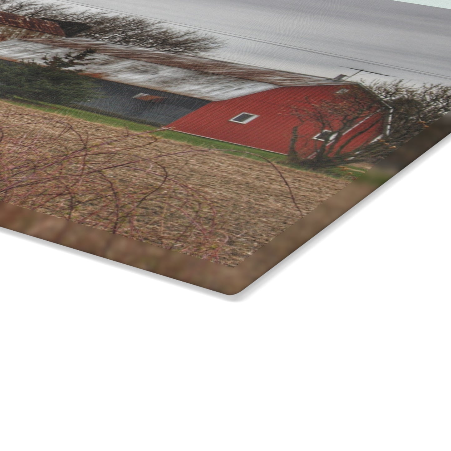 U R There Photography South Summers Road Rusted Grey and Little Red Rustic Farmhouse Tempered-Glass Cutting Board